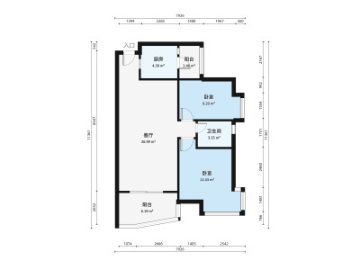 皇达东方雅苑小区2室1厅1卫户型图1