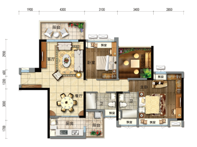 碧桂园联丰天汇湾小区3室2厅2卫户型图1