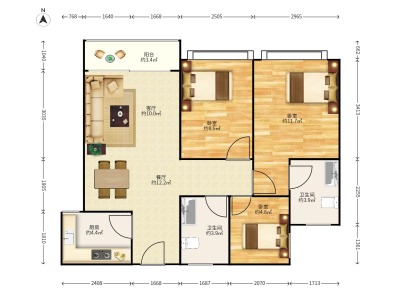 信利康乐创荟小区3室2厅2卫户型图1