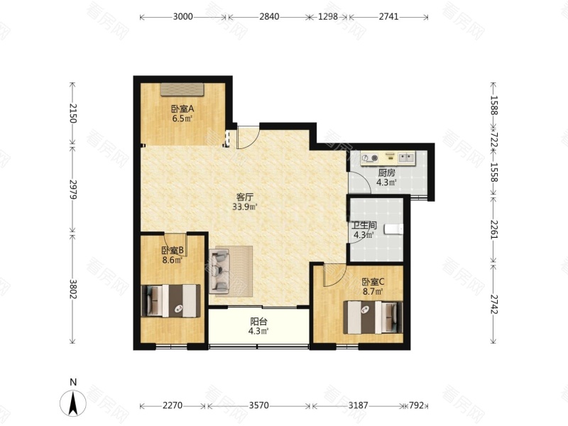 东门广场 3室2厅 87.82㎡ 简装_东门广场二手房户型图片8